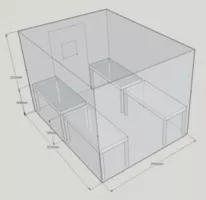 Fig. 1: Dimensions of phyto-climate chamber with ebb/flood planting tables (M. Guderle)